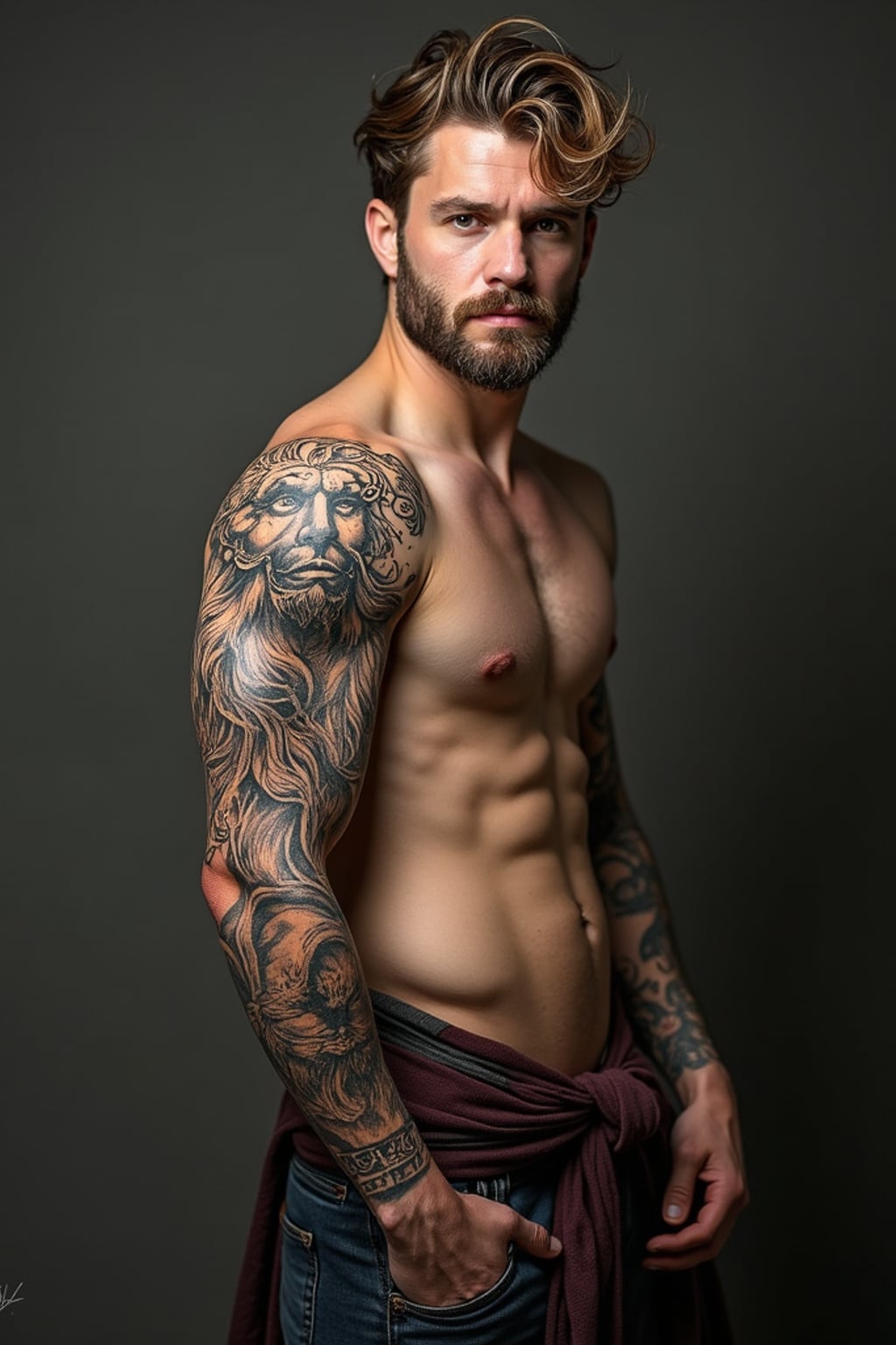 Model with a mythological tattoo inspiration.  Odin or Zeus tattoo sleeve, highly detailed. Renaissance art inspiration.