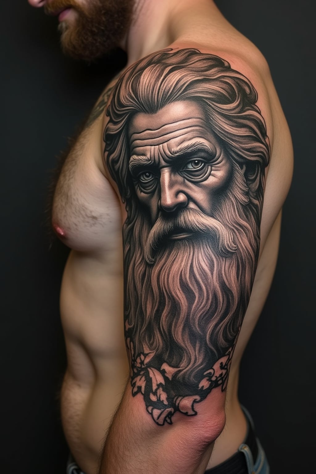 Model with a mythological tattoo inspiration.  Odin or Zeus tattoo sleeve, highly detailed. Renaissance art inspiration.