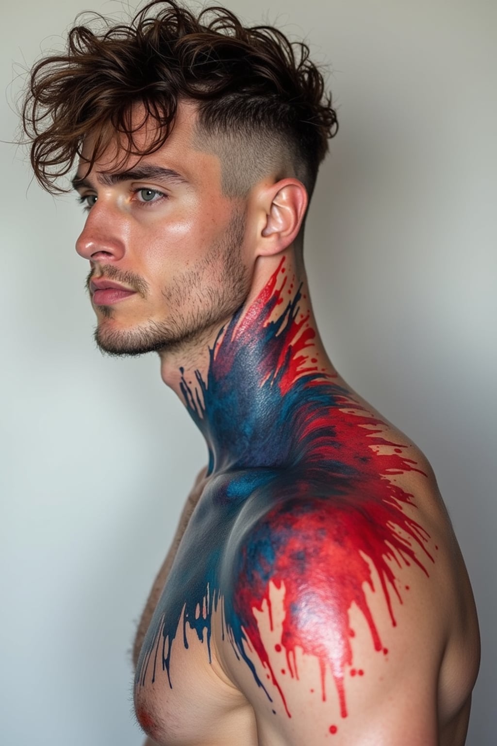 Model with an abstract watercolor tattoos.  Bold splashes of red and blue ink, unique brushstroke effects. Experimental tattoo art.