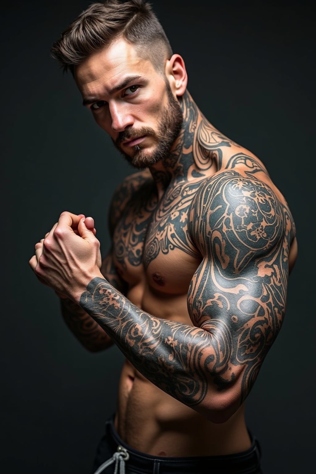 Model with a tattoo sleeve concept.  Full-arm biomechanical sleeve, metallic ink effect. Highly detailed.