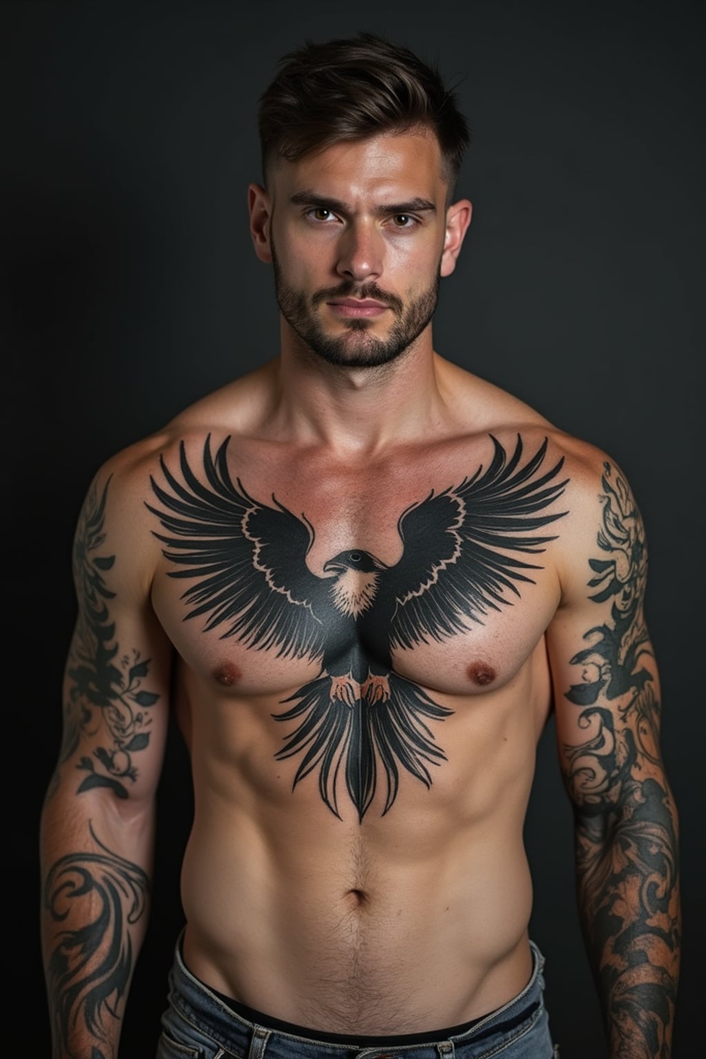 Model with a chest tattoo showcase.  Large eagle chest tattoo, bold tribal ink. Deep shadows, powerful look.