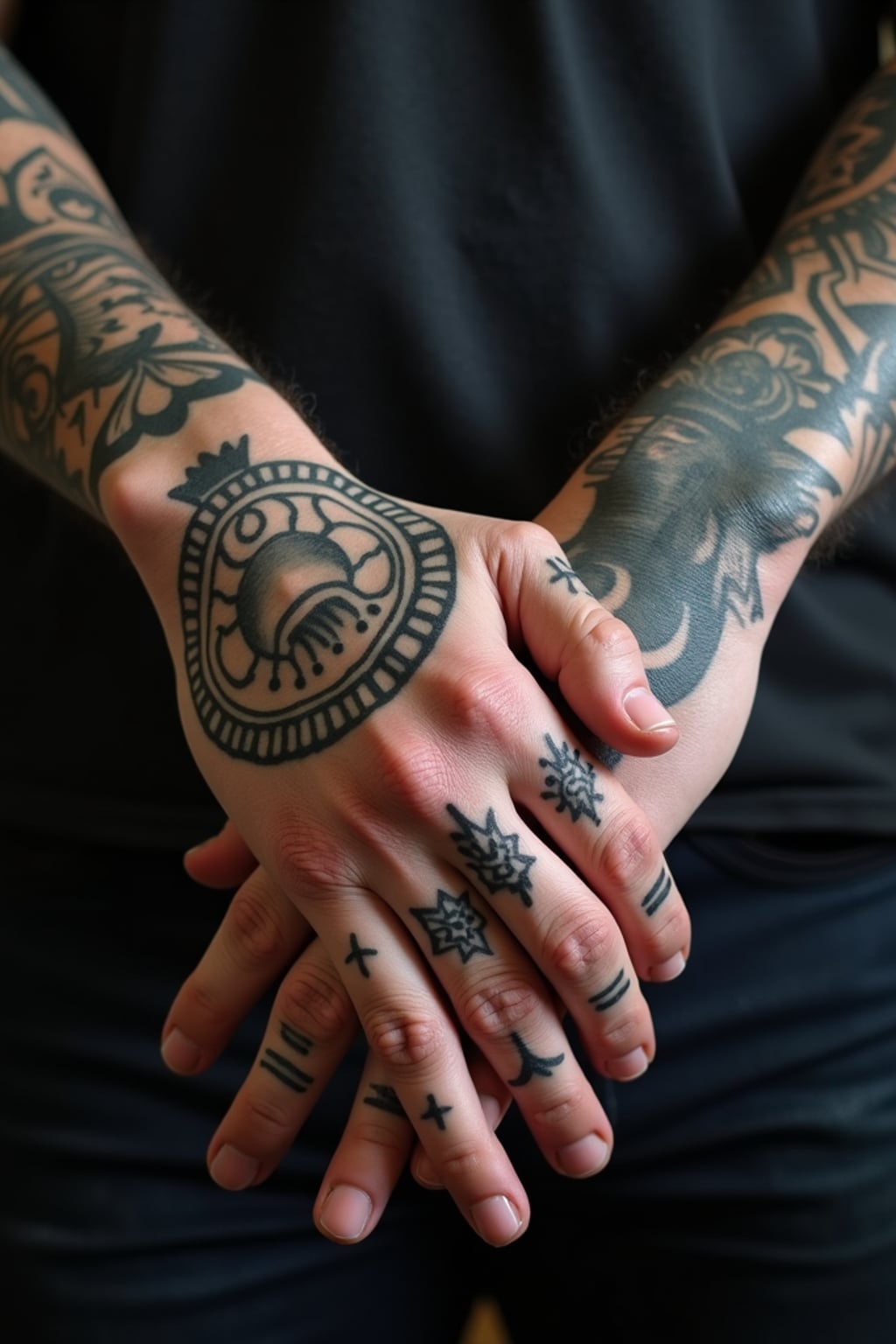Model with tattooed hands, detailed close-up.  Masculine hand tattoos, sharp detailing. High-quality tattoo reference.