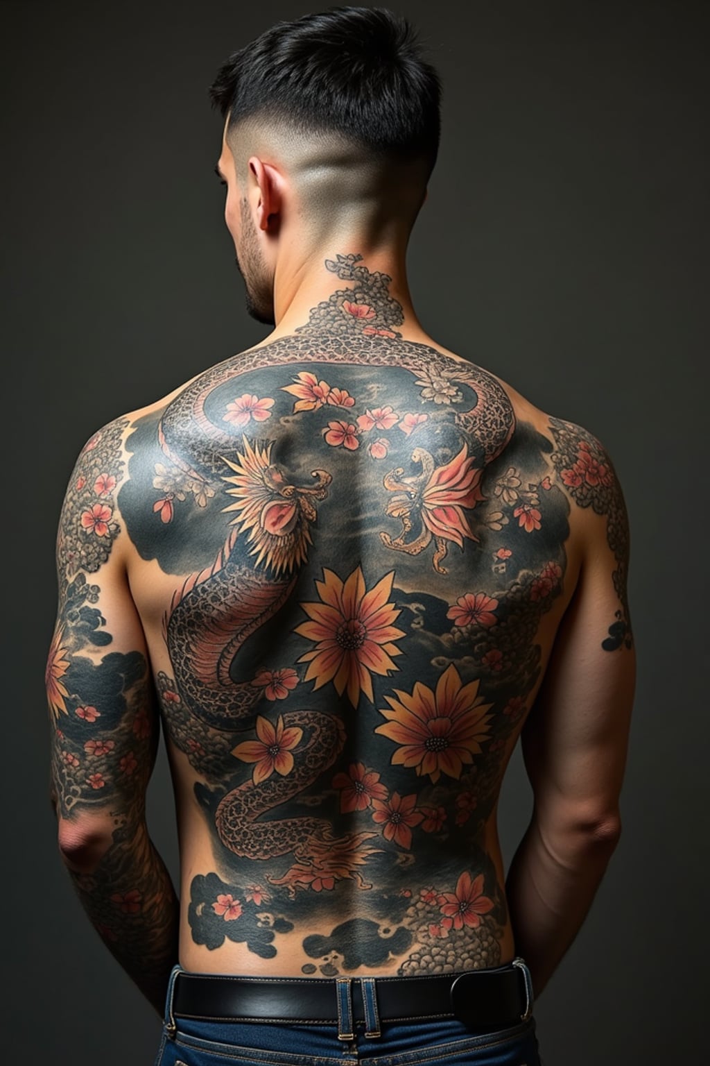 Model with a traditional Japanese tattoos covering the back and shoulders.  Full-back dragon tattoo. Artistic realism.