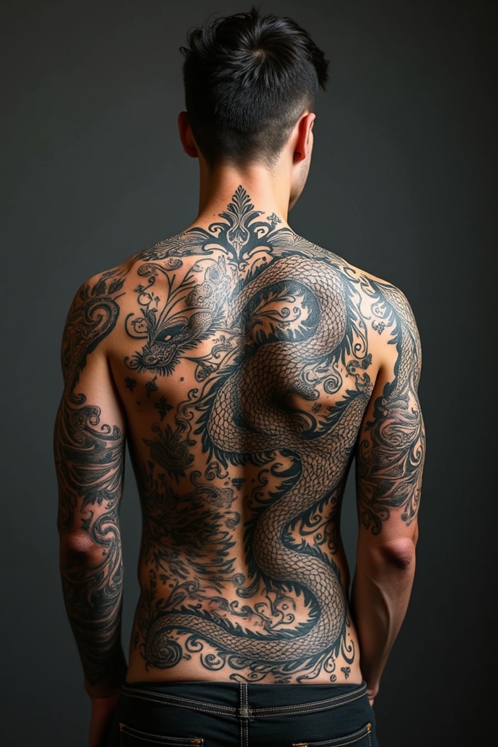 Model with a traditional Japanese tattoos covering the back and shoulders.  Full-back dragon tattoo. Artistic realism.