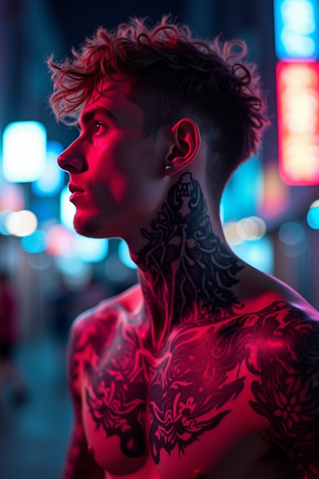 Model with a cyberpunk tattoo designs glowing under neon lights.  Bold symmetrical cyberpunk tattoo. Tokyo night aesthetic.