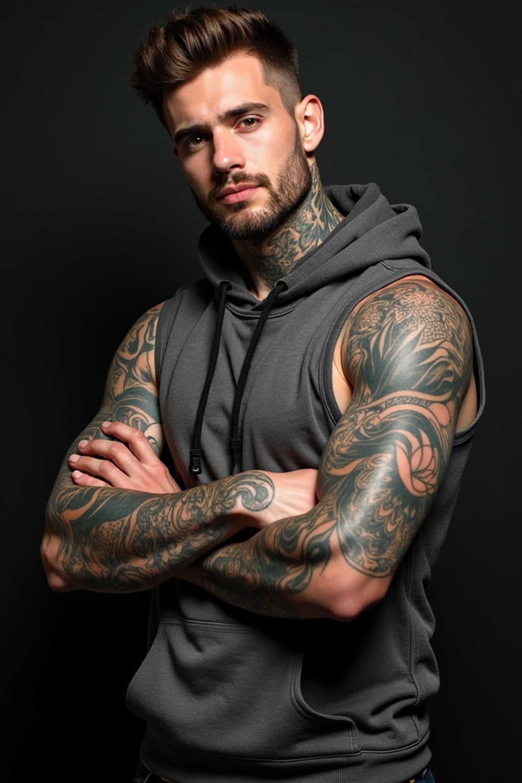 Model with a full sleeve tattoo, intricate tattoo.  Wearing a sleeveless hoodie, tattoos visible. Detailed tattoo art, high contrast photography.