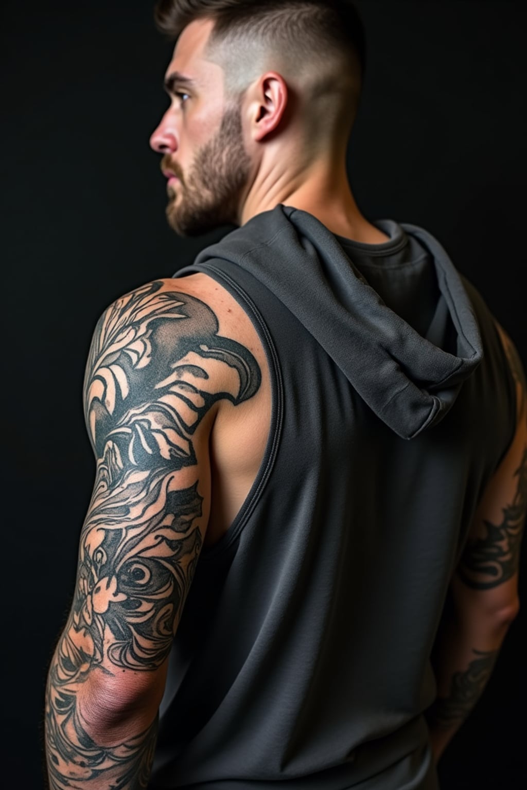 Model with a full sleeve tattoo, intricate tattoo.  Wearing a sleeveless hoodie, tattoos visible. Detailed tattoo art, high contrast photography.