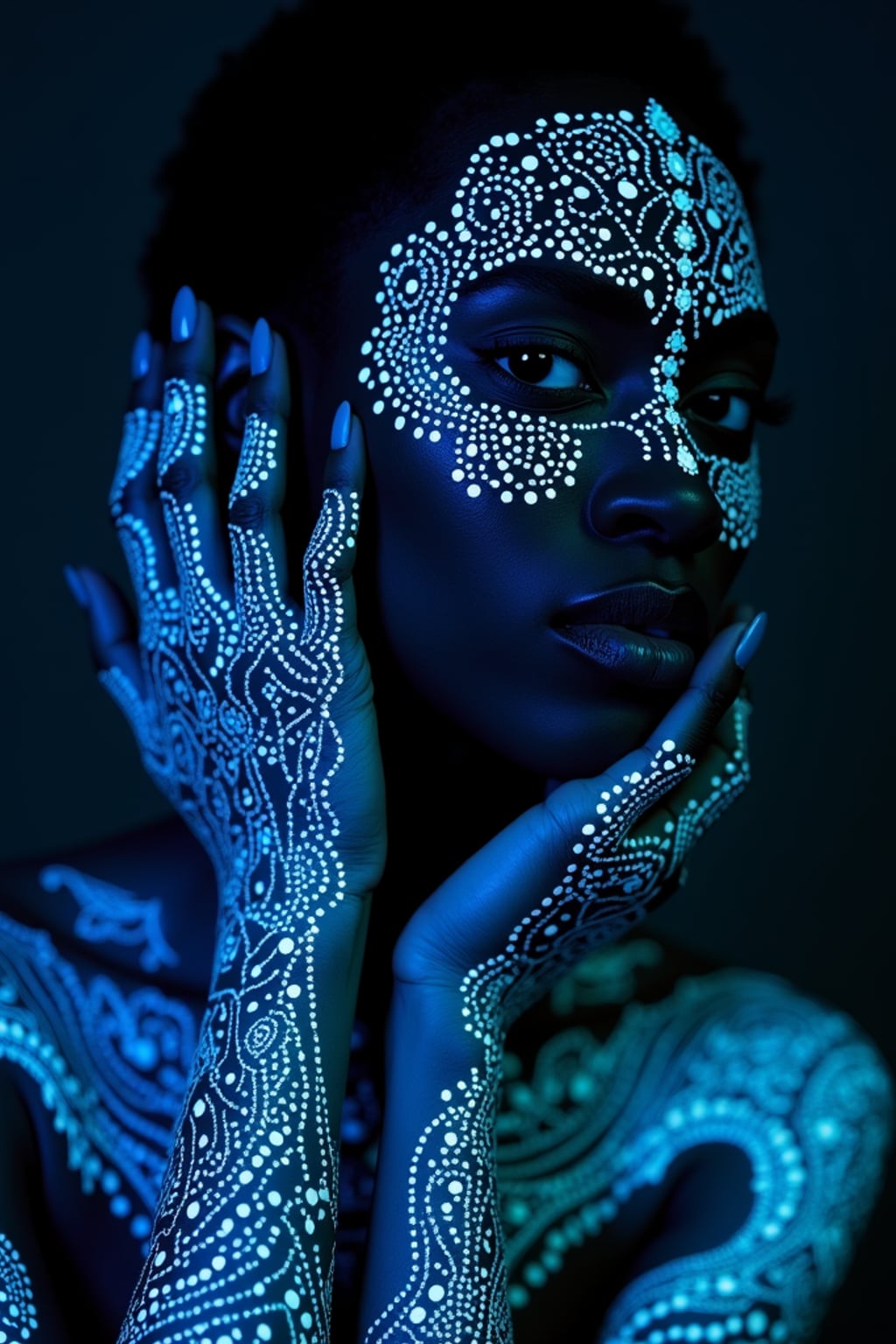 Model with glowing UV ink tattoos. Invisible ink tattoos that glow under blacklight, delicate patterns . Sci-fi-inspired tattoos.