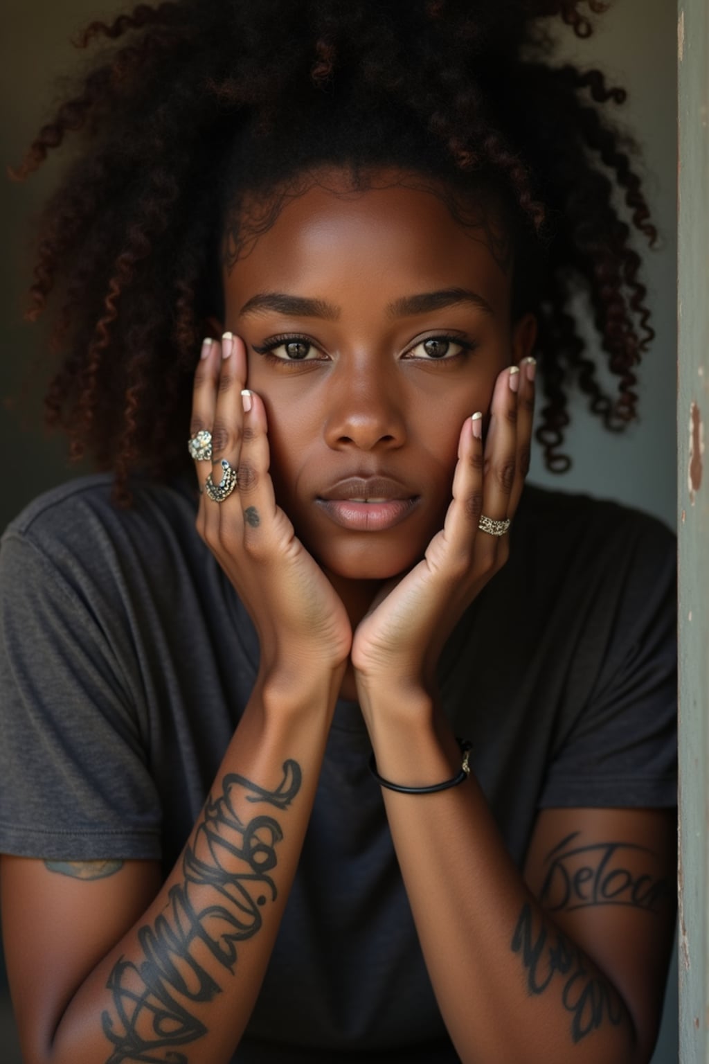 Model with tattooed knuckles and fingers, statement ink. Small delicate script tattoos across fingers . Street-style photography.