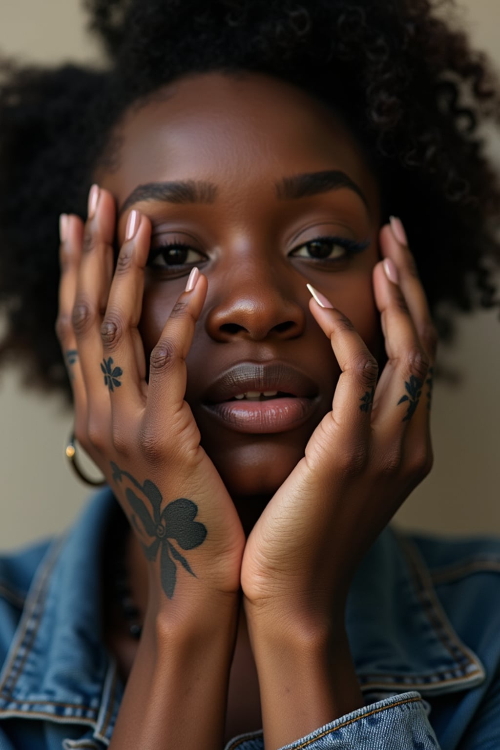 Model with tattooed knuckles and fingers, statement ink. Small delicate script tattoos across fingers . Street-style photography.