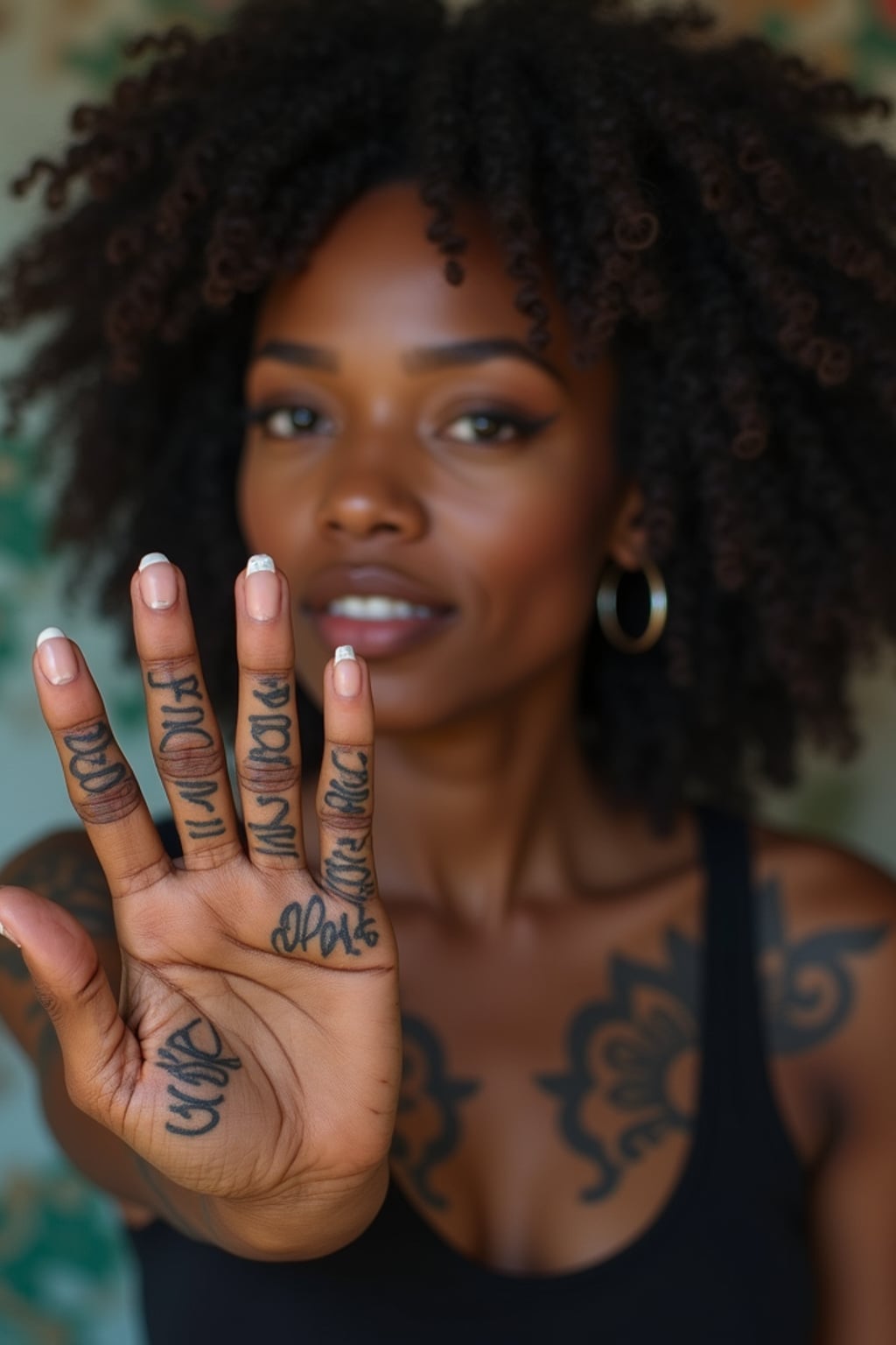 Model with tattooed knuckles and fingers, statement ink. Small delicate script tattoos across fingers . Street-style photography.