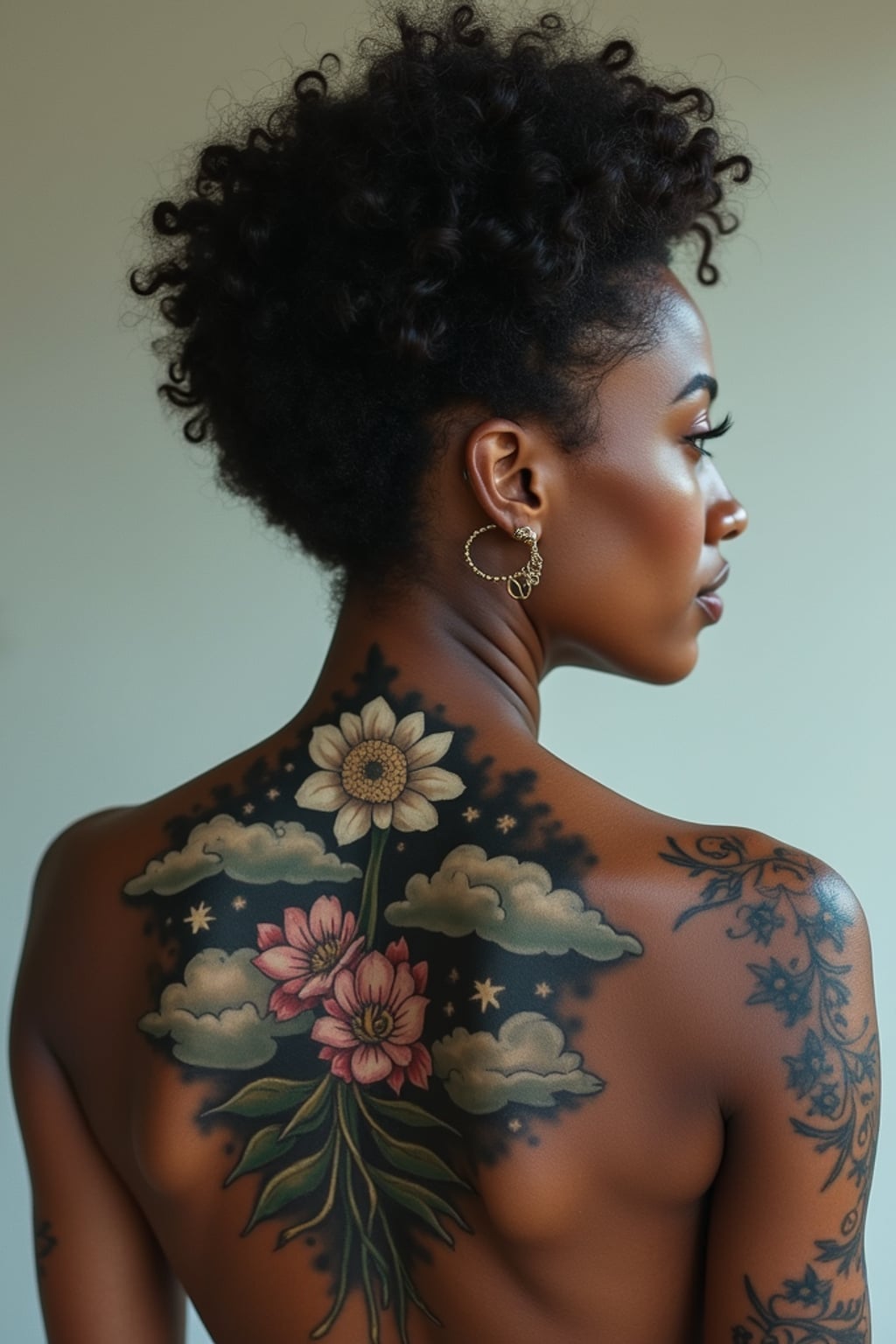 Model with a surrealist tattoo aesthetic. Dreamy cloud-like tattoos on the back, floating imagery . Mind-bending design.