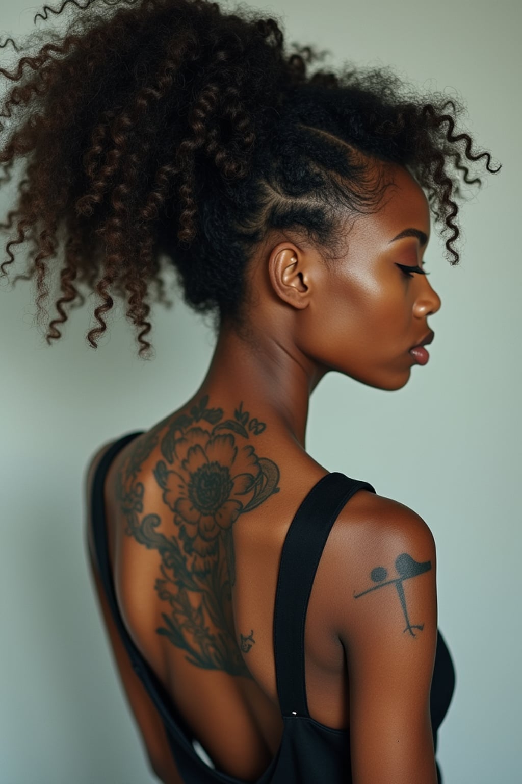 Model with a surrealist tattoo aesthetic. Dreamy cloud-like tattoos on the back, floating imagery . Mind-bending design.