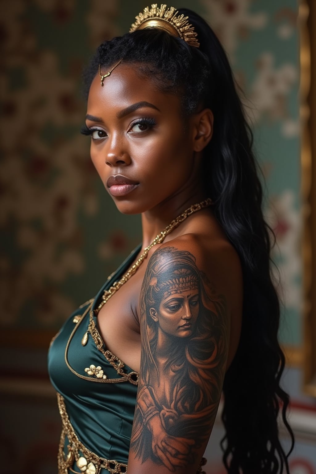 Model with a mythological tattoo inspiration. Greek goddess Athena tattooed on the forearm, finely detailed . Renaissance art inspiration.