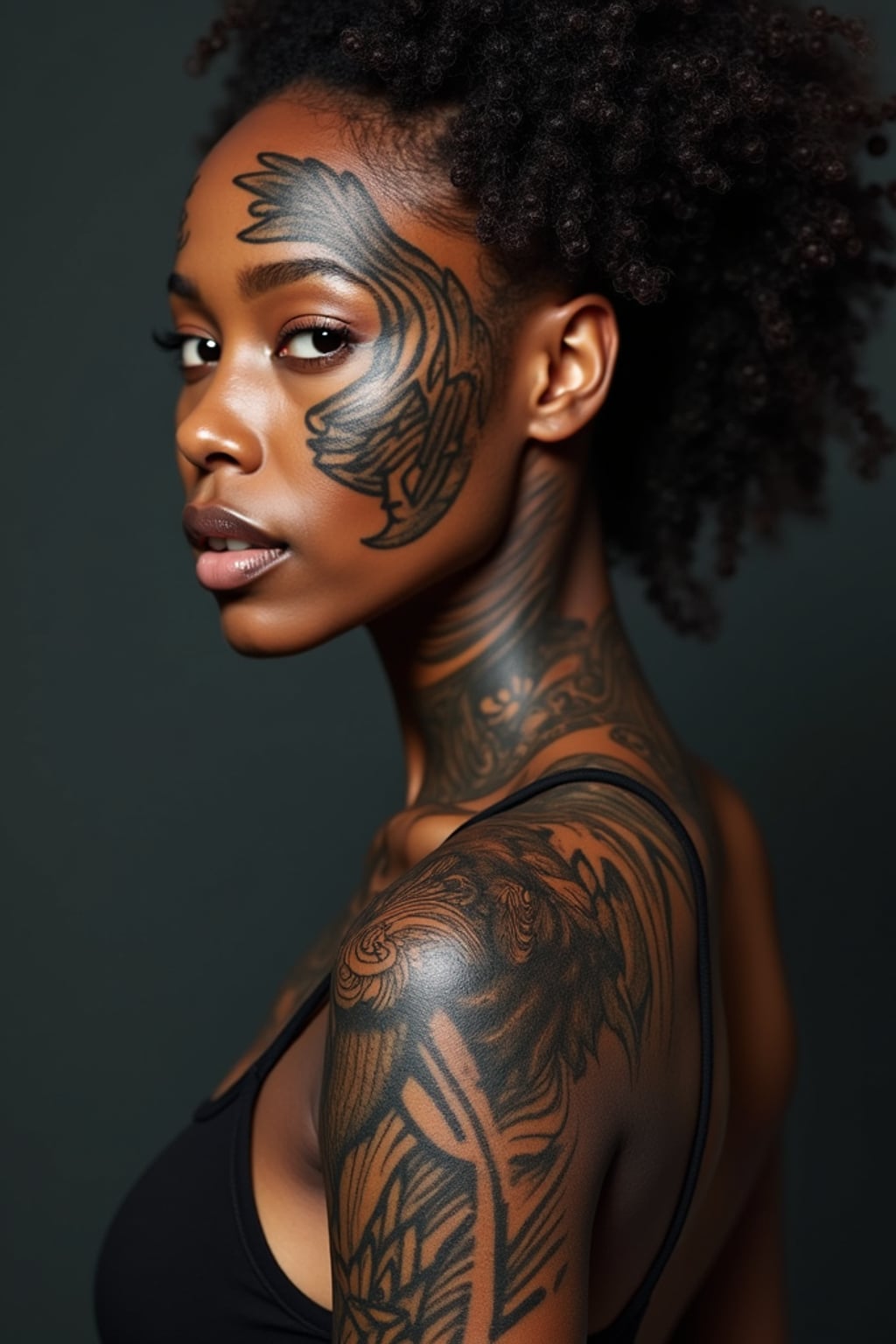 Model with blackout tattoos and bold geometric designs. Sharp blacked-out sections mixed with delicate fine-line details . Extreme tattoo style.