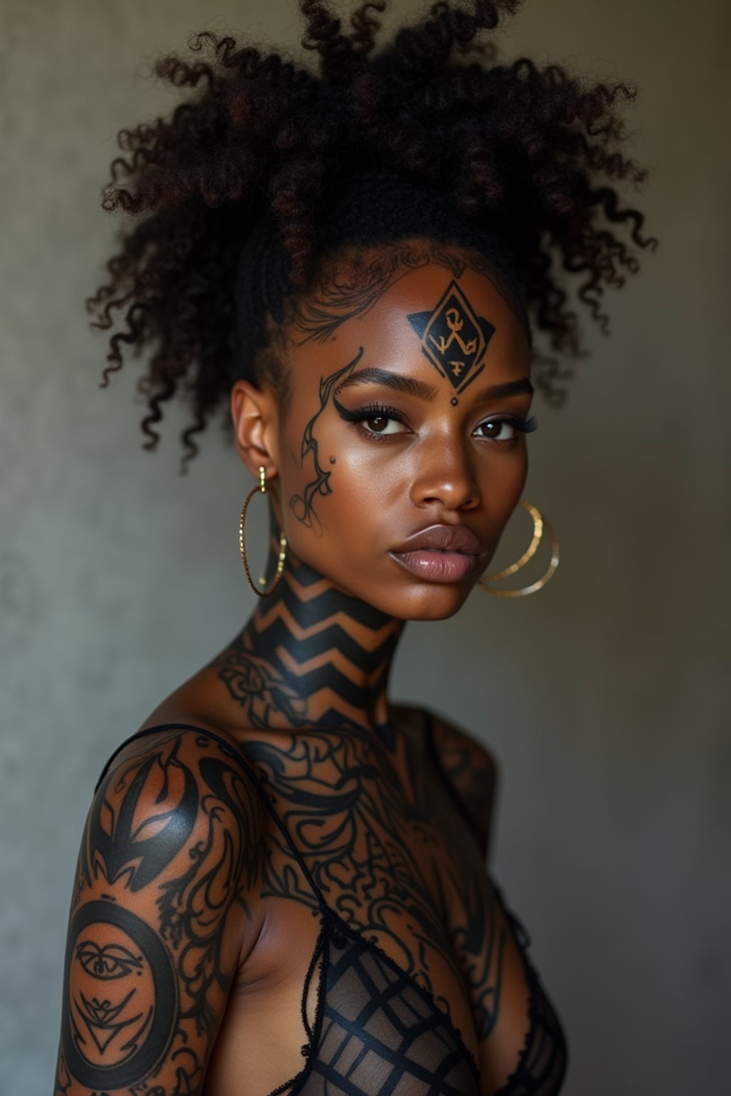 Model with blackout tattoos and bold geometric designs. Sharp blacked-out sections mixed with delicate fine-line details . Extreme tattoo style.