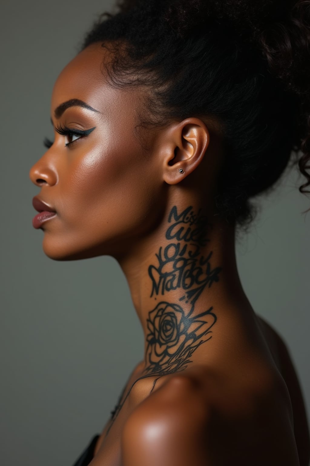 Model with a neck tattoo focus, bold statement ink. Elegant script or rose tattoo on the side of the neck . Strong, confident expression.