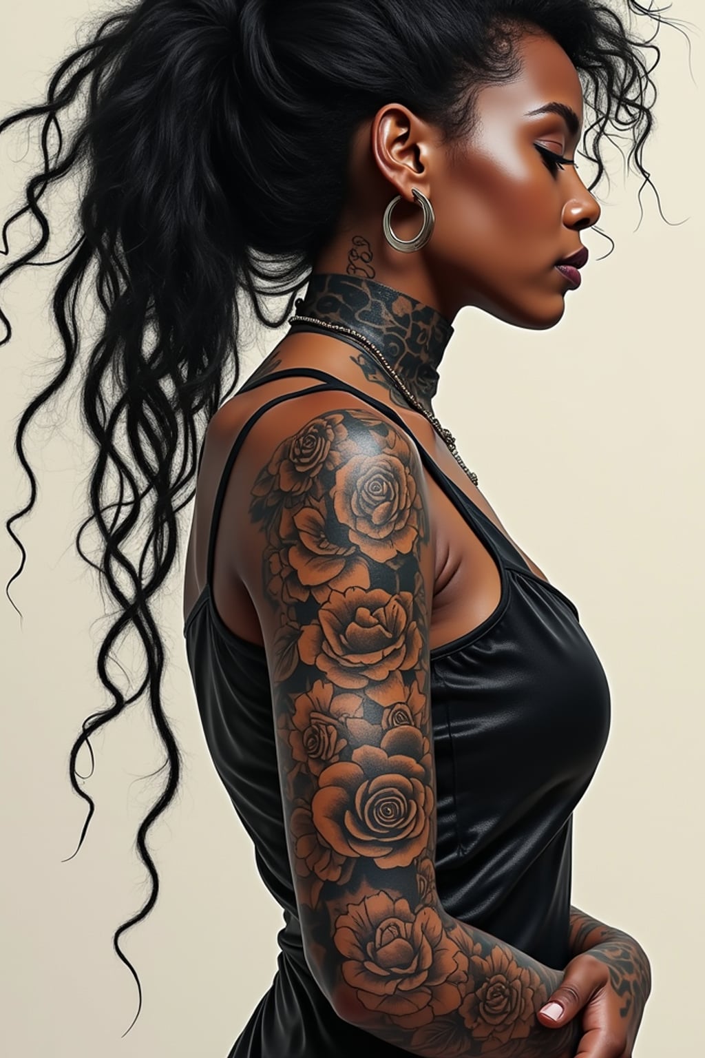 Model with a tattoo sleeve concept. Blackwork sleeve with floral and ornamental details . Highly detailed.