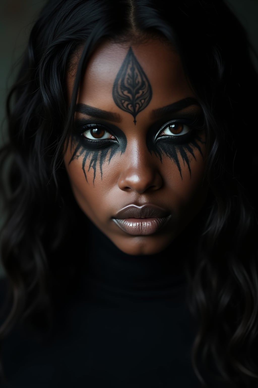 Model with a face tattoo portrait. Subtle design under the eye, gothic aesthetic . Dark moody lighting.