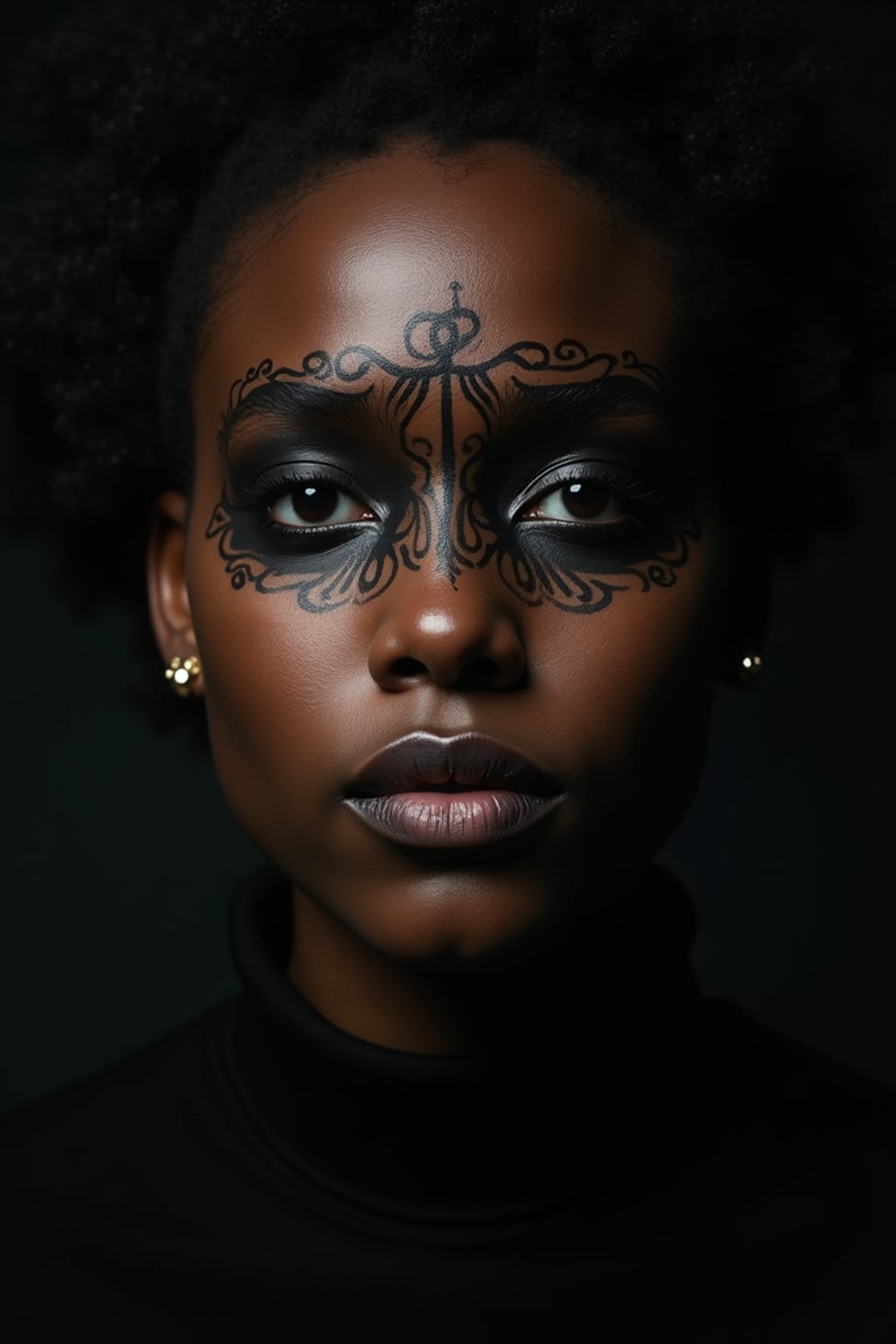 Model with a face tattoo portrait. Subtle design under the eye, gothic aesthetic . Dark moody lighting.