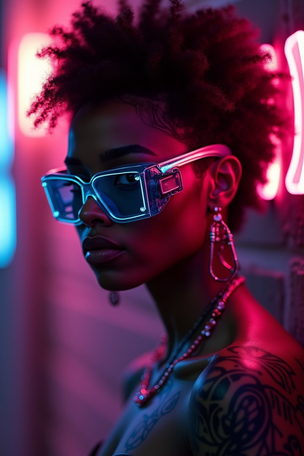 Model with a cyberpunk tattoo designs glowing under neon lights. Futuristic circuit-style tattoo . Tokyo night aesthetic.