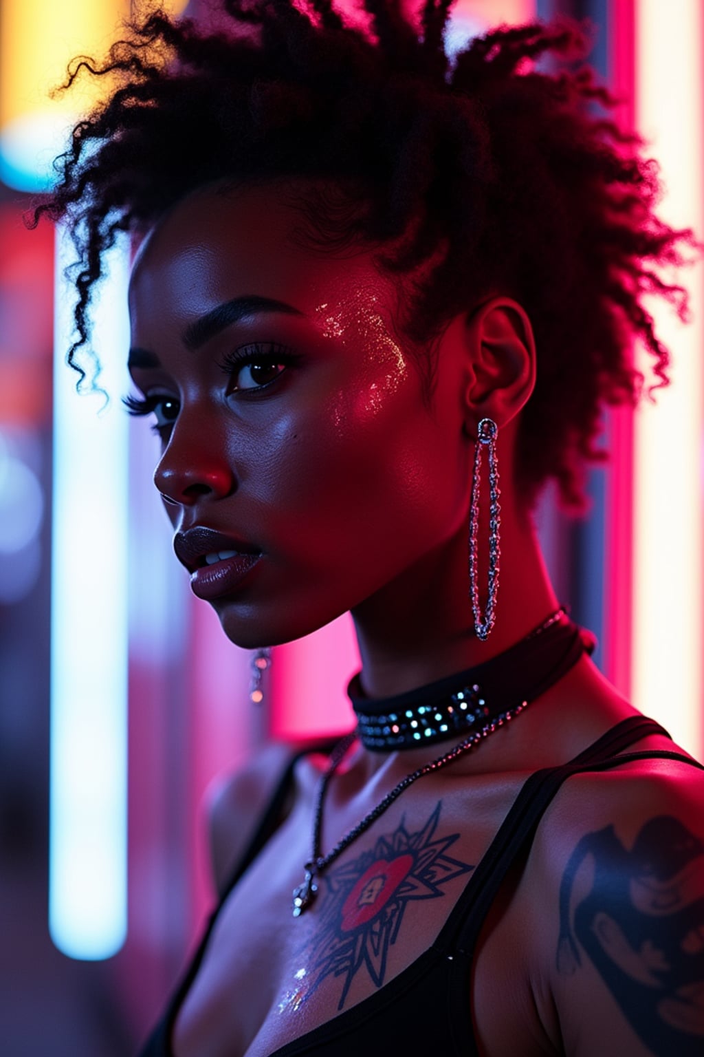 Model with a cyberpunk tattoo designs glowing under neon lights. Futuristic circuit-style tattoo . Tokyo night aesthetic.