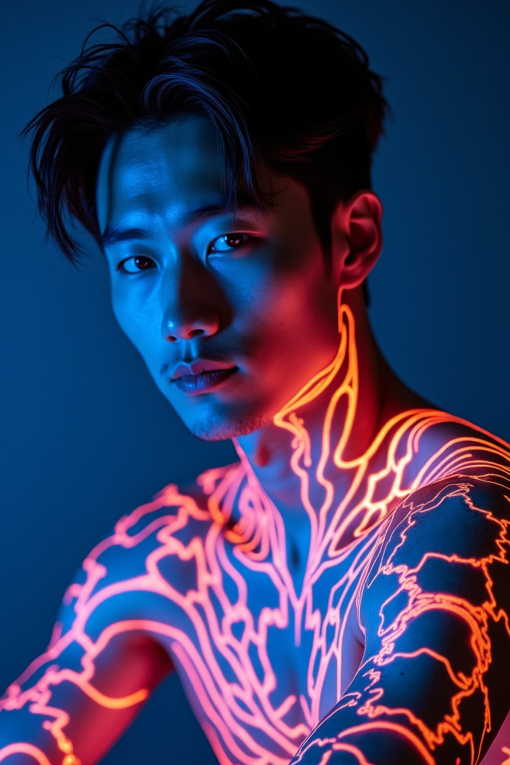 Model with glowing UV ink tattoos.  Cyberpunk neon ink details, futuristic body art. Sci-fi-inspired tattoos.