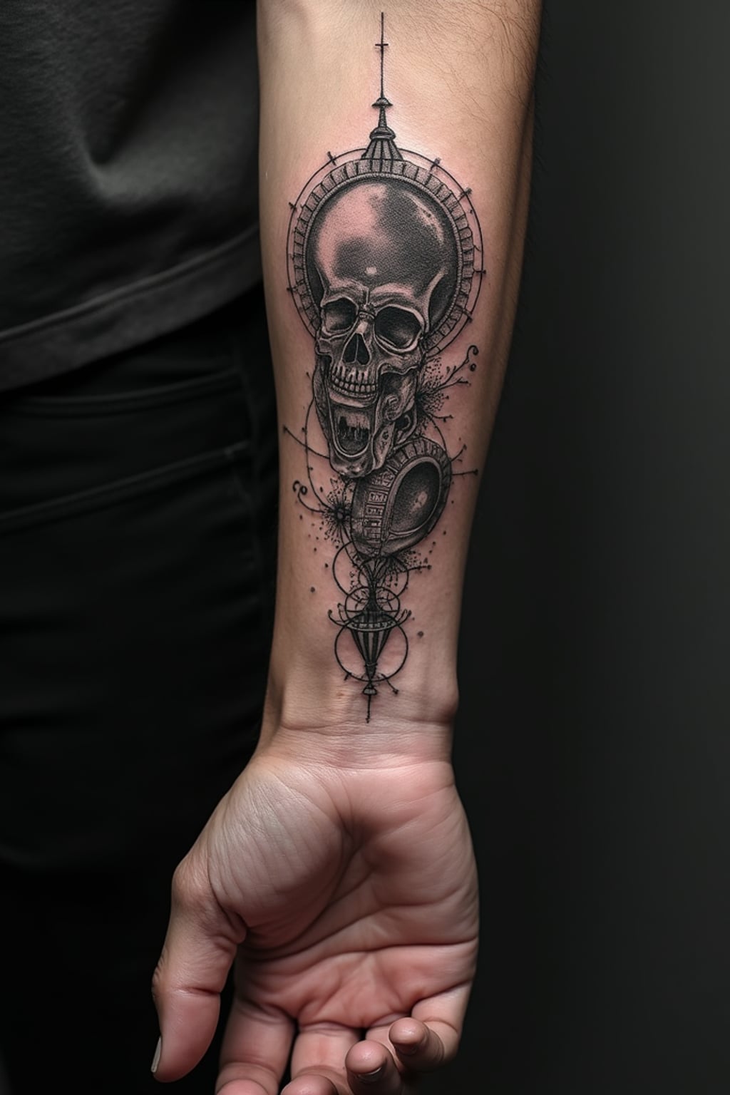 Model with a surrealist tattoo aesthetic.  Escher-inspired 3D impossible geometry tattoo on forearm. Mind-bending design.