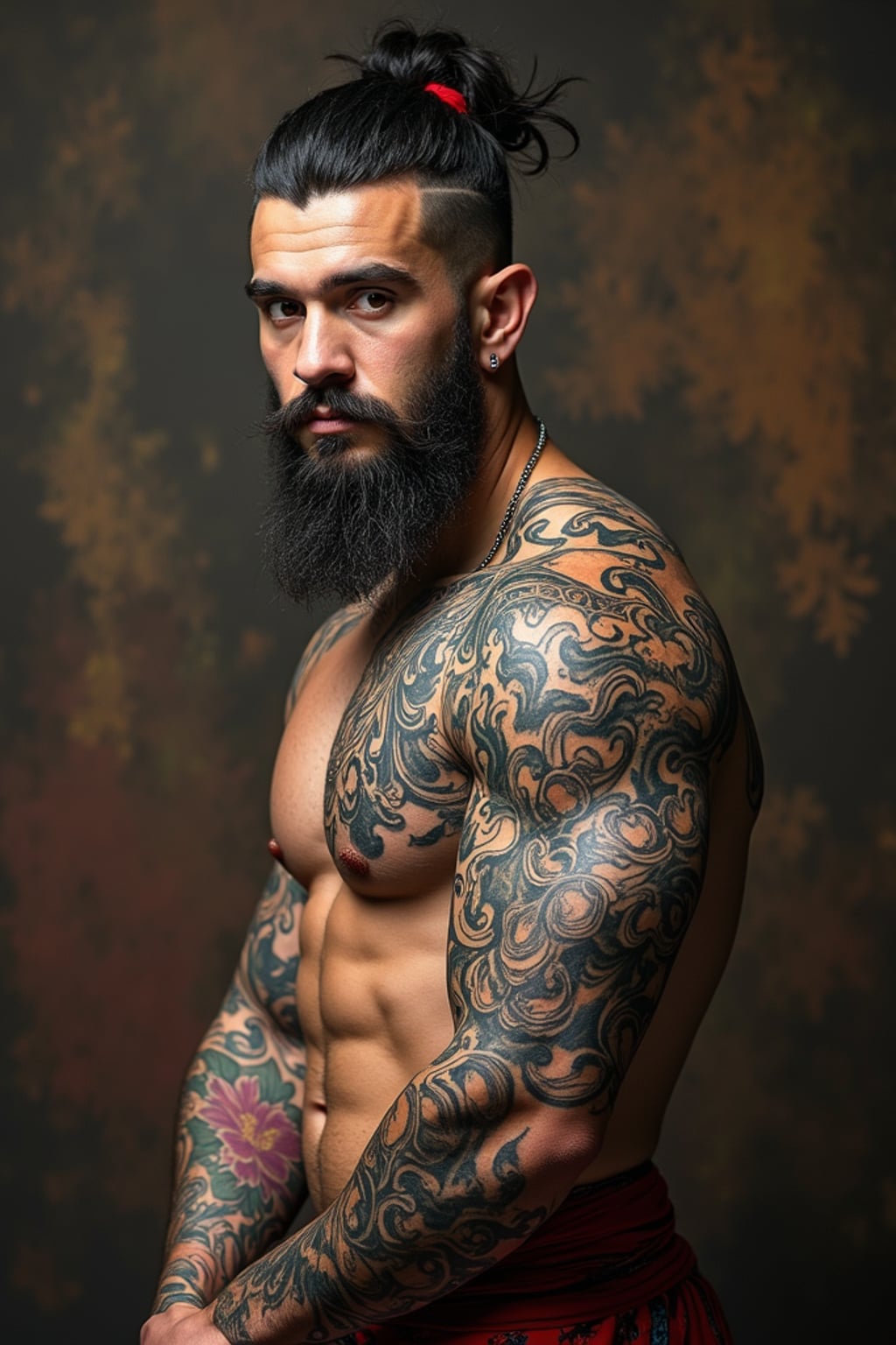 Model with a mythological tattoo inspiration.  Odin or Zeus tattoo sleeve, highly detailed. Renaissance art inspiration.