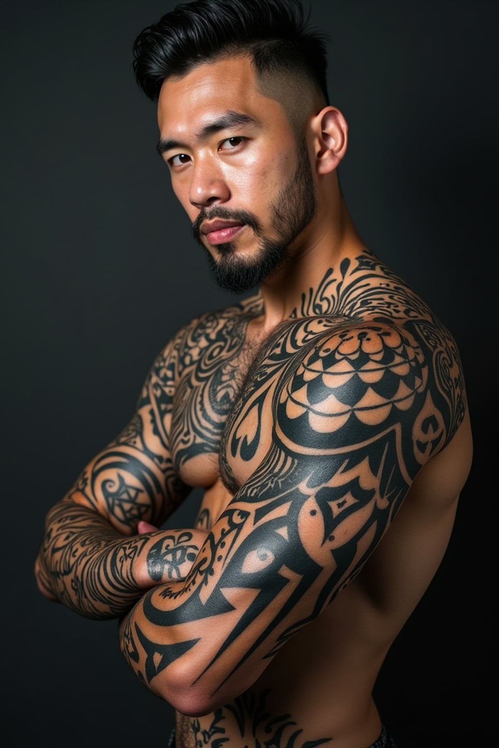 Model with blackout tattoos and bold geometric designs.  Full geometric blackout arm piece, modern body art. Extreme tattoo style.