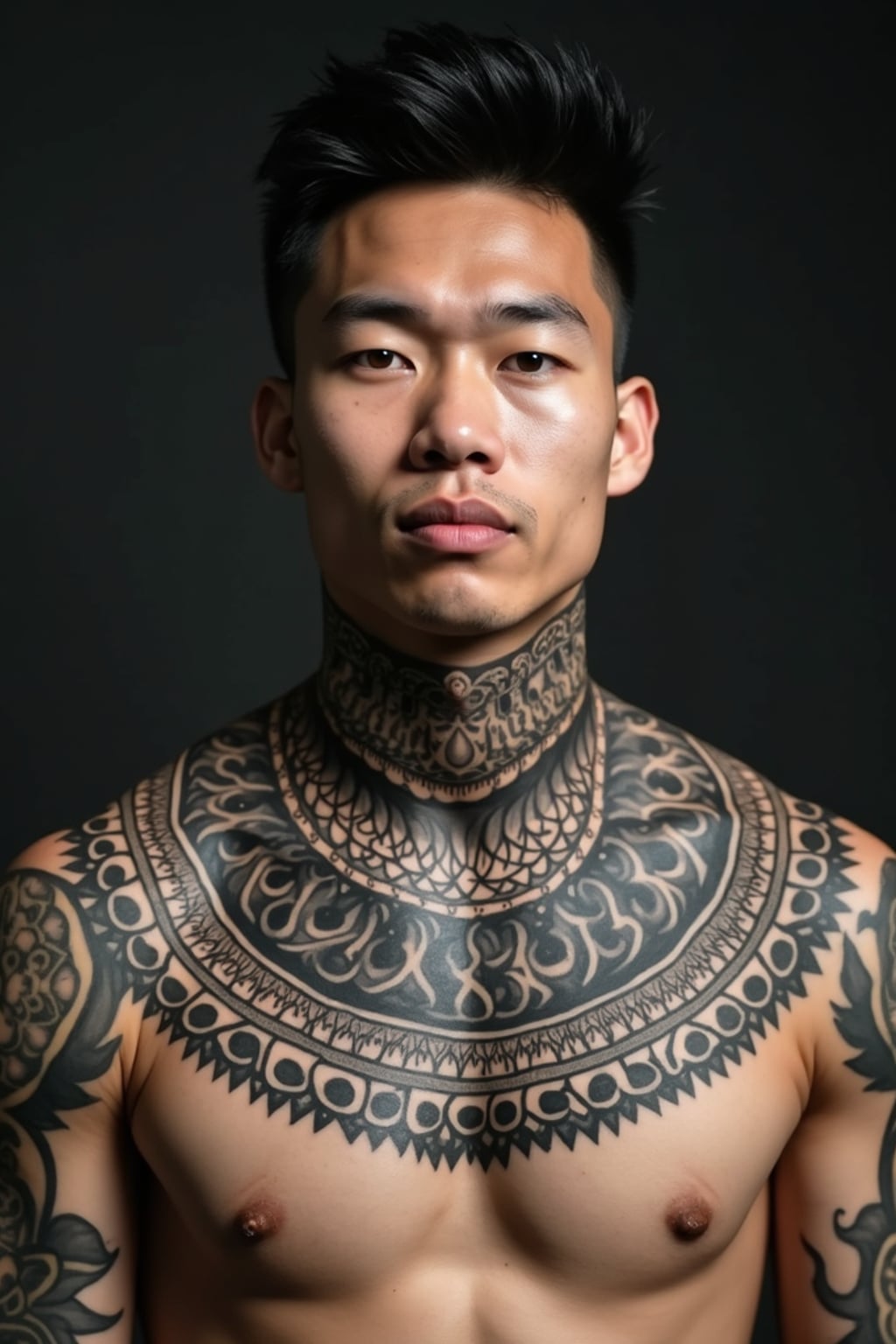 Model with a neck tattoo focus, bold statement ink.  Intense geometric tattoo spanning the throat and shoulders. Strong, confident expression.