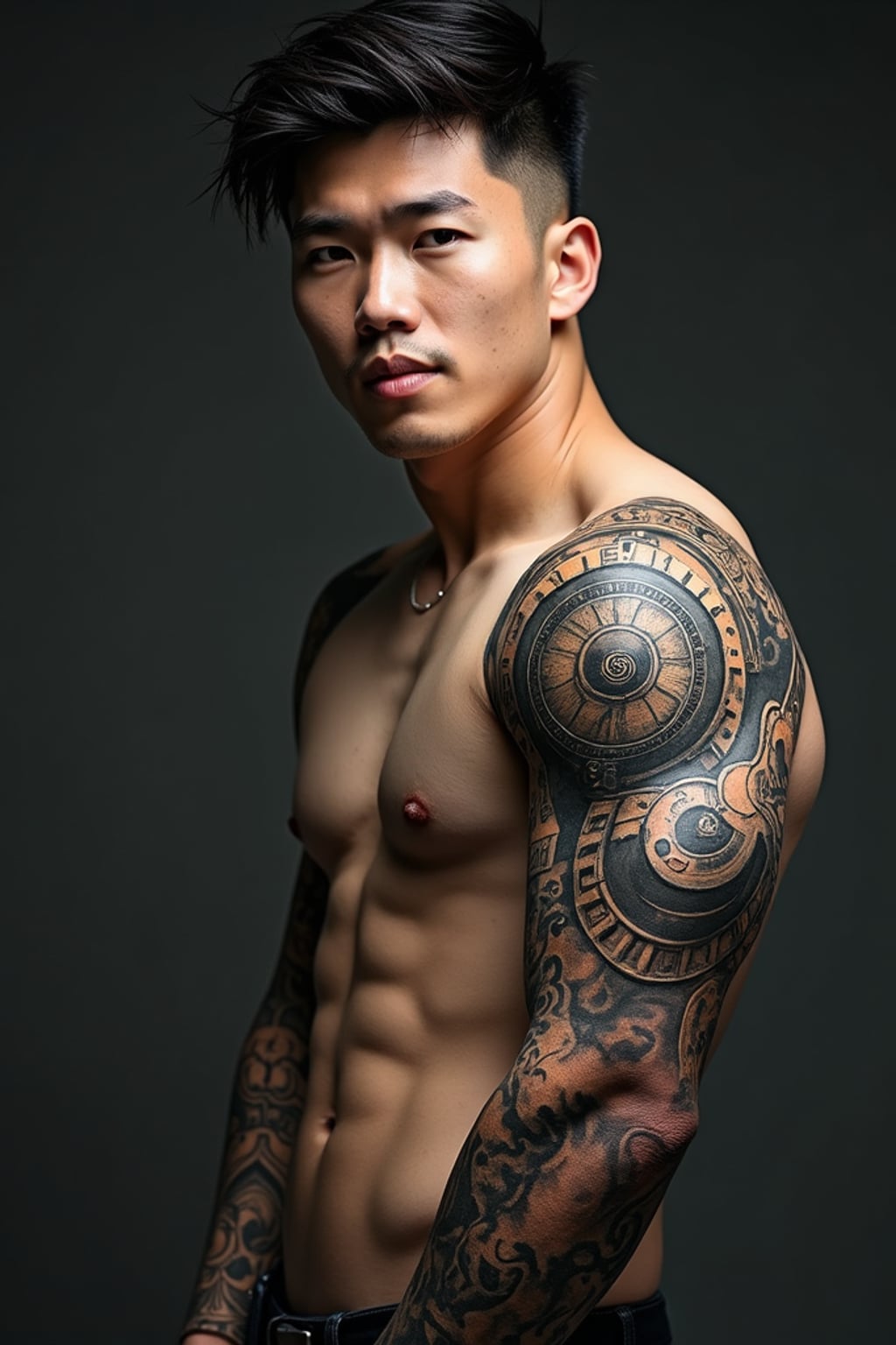 Model with a tattoo sleeve concept.  Full-arm biomechanical sleeve, metallic ink effect. Highly detailed.
