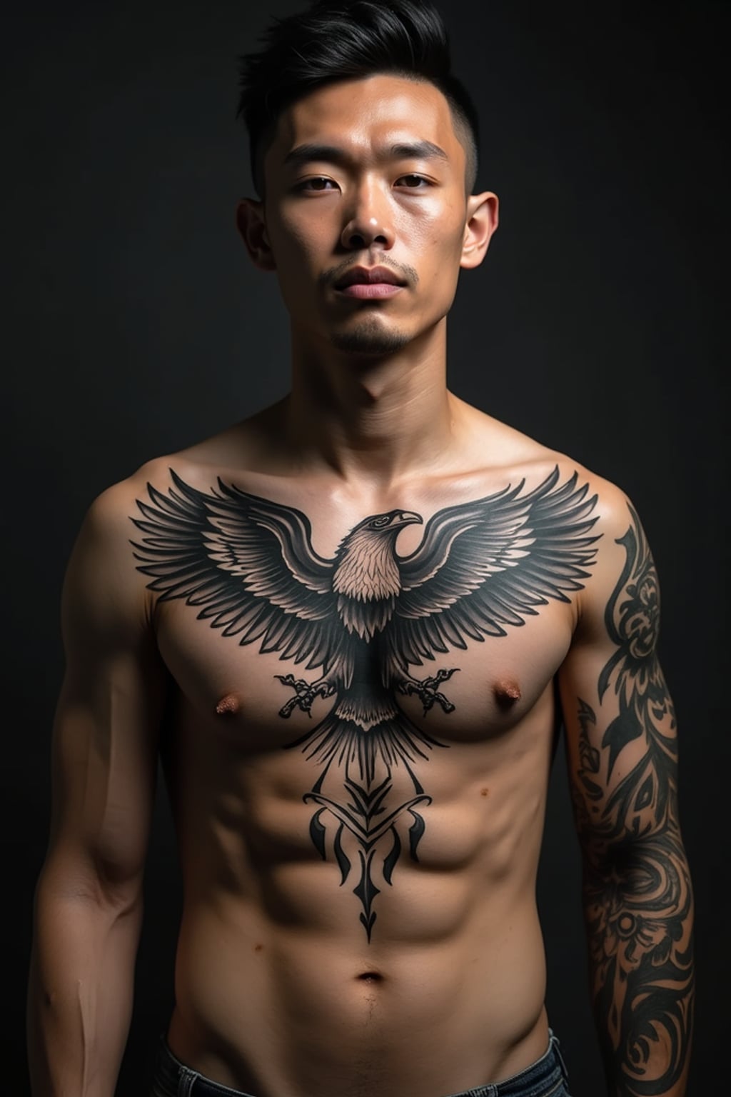 Model with a chest tattoo showcase.  Large eagle chest tattoo, bold tribal ink. Deep shadows, powerful look.