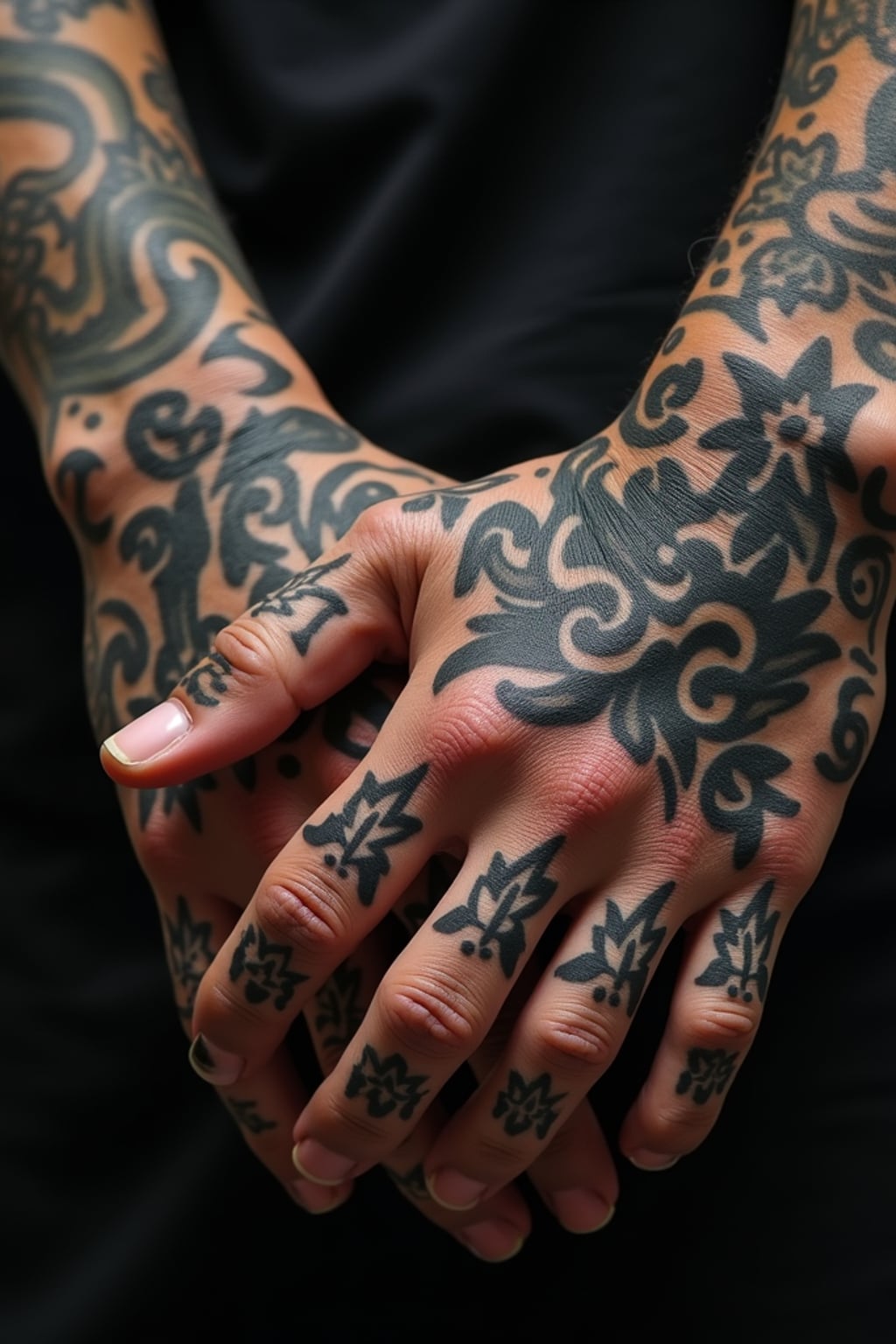 Model with tattooed hands, detailed close-up.  Masculine hand tattoos, sharp detailing. High-quality tattoo reference.