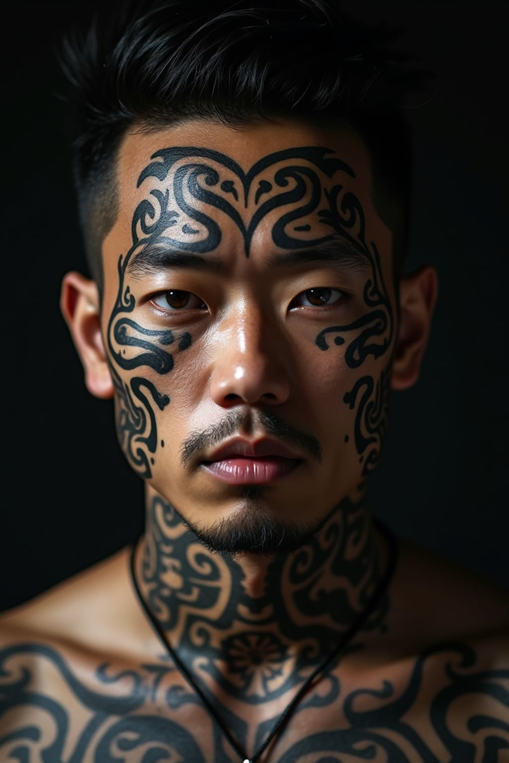 Model with a face tattoo portrait.  Bold tribal-inspired face tattoo. Dark moody lighting.