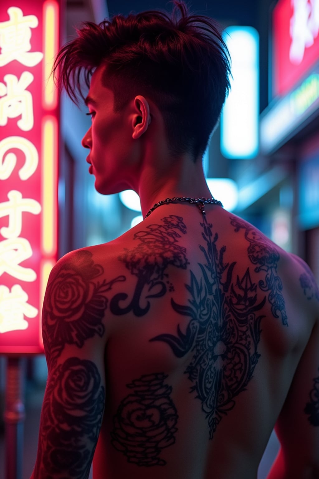 Model with a cyberpunk tattoo designs glowing under neon lights.  Bold symmetrical cyberpunk tattoo. Tokyo night aesthetic.