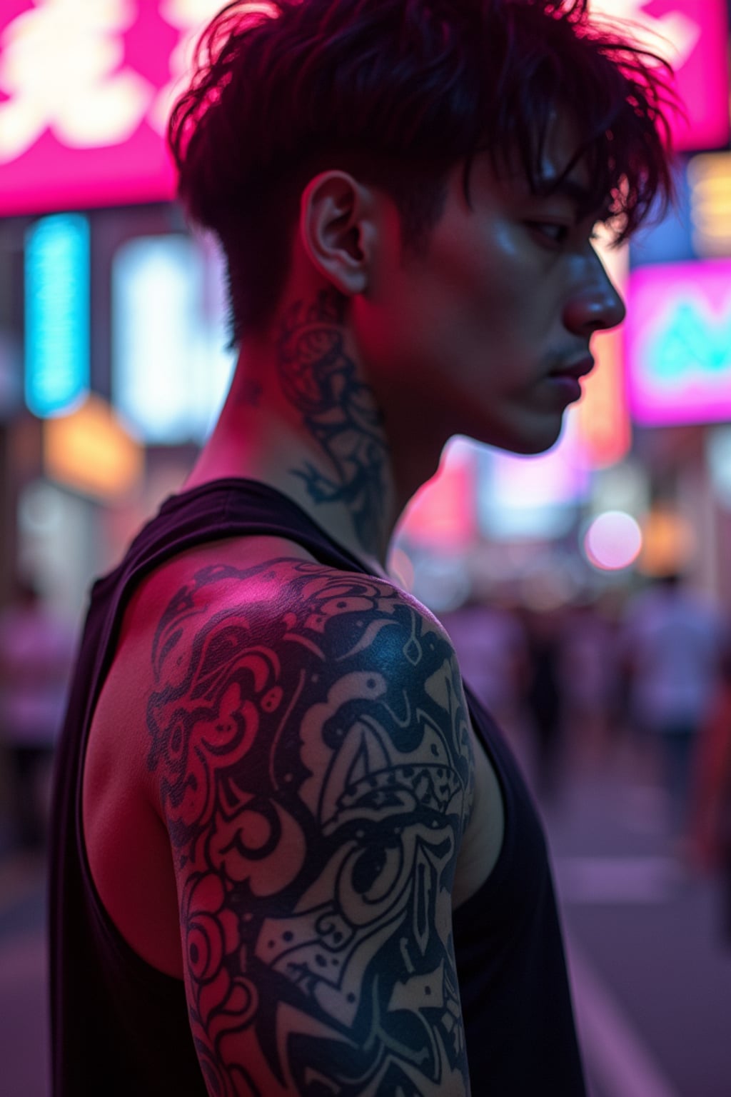 Model with a cyberpunk tattoo designs glowing under neon lights.  Bold symmetrical cyberpunk tattoo. Tokyo night aesthetic.