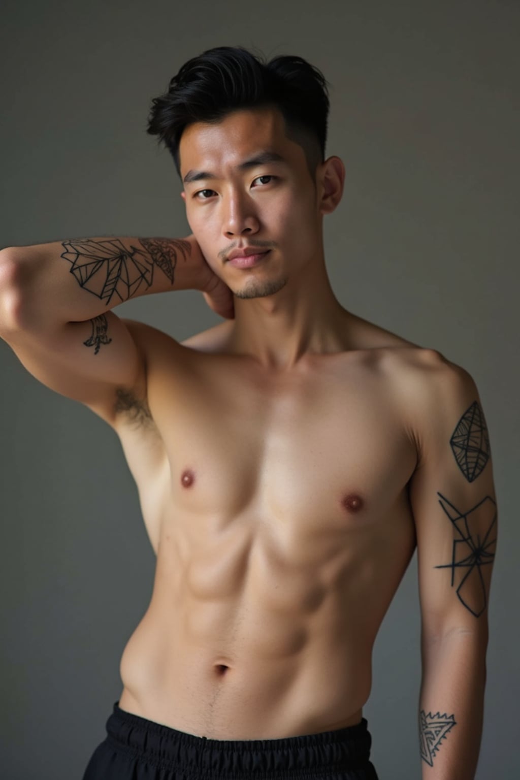 Model with a minimalist fine-line tattoos on the arm and wrist.  Geometric minimalist tattoo. Subtle and stylish body art.