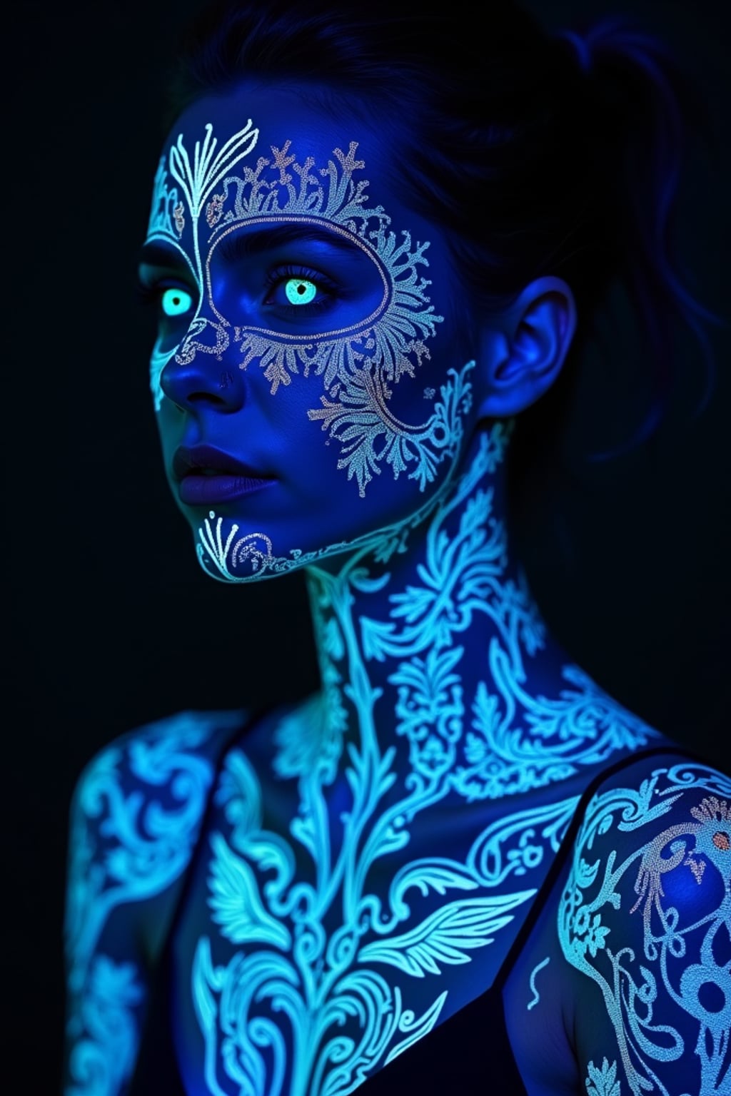 Model with glowing UV ink tattoos. Invisible ink tattoos that glow under blacklight, delicate patterns . Sci-fi-inspired tattoos.