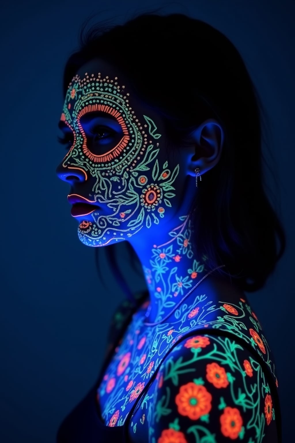 Model with glowing UV ink tattoos. Invisible ink tattoos that glow under blacklight, delicate patterns . Sci-fi-inspired tattoos.