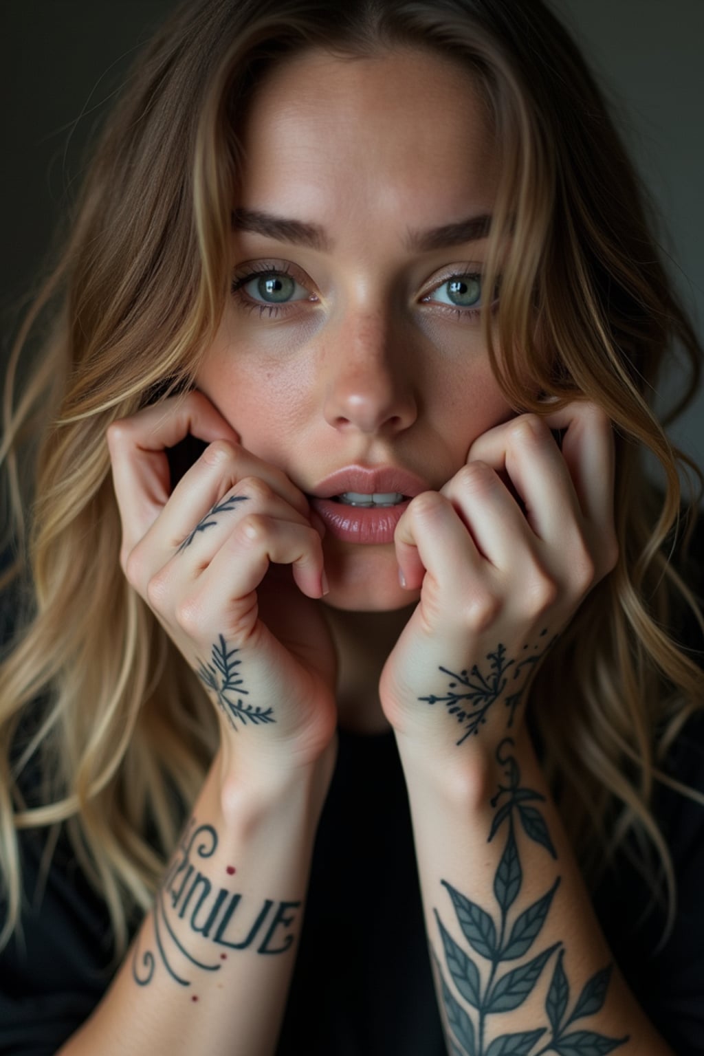 Model with tattooed knuckles and fingers, statement ink. Small delicate script tattoos across fingers . Street-style photography.