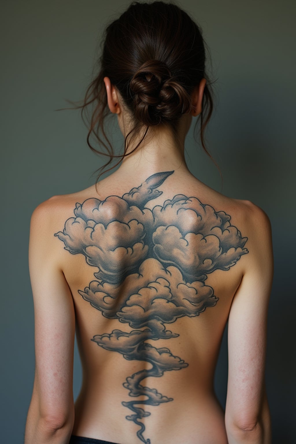 Model with a surrealist tattoo aesthetic. Dreamy cloud-like tattoos on the back, floating imagery . Mind-bending design.