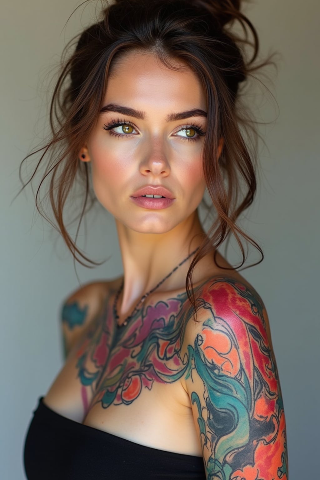 Model with an abstract watercolor tattoos. Brightly colored abstract tattoos on arms and shoulders . Experimental tattoo art.