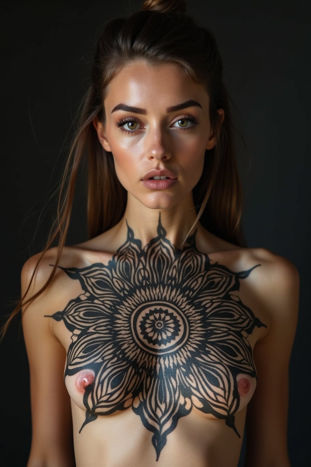 Model with a chest tattoo showcase. Mandala-style chest tattoo, elegant symmetry . Deep shadows, powerful look.