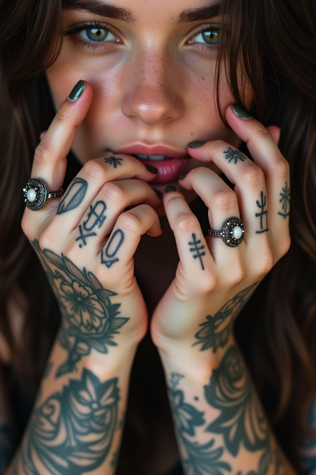Model with tattooed hands, detailed close-up. Delicate finger tattoos, jewelry accents . High-quality tattoo reference.