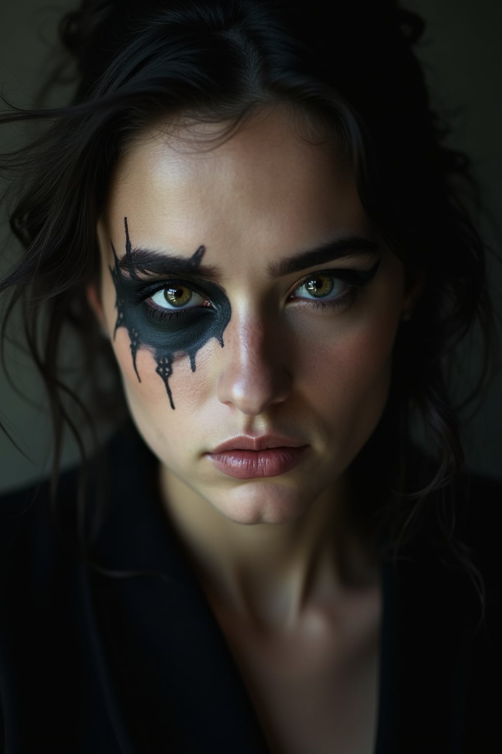 Model with a face tattoo portrait. Subtle design under the eye, gothic aesthetic . Dark moody lighting.