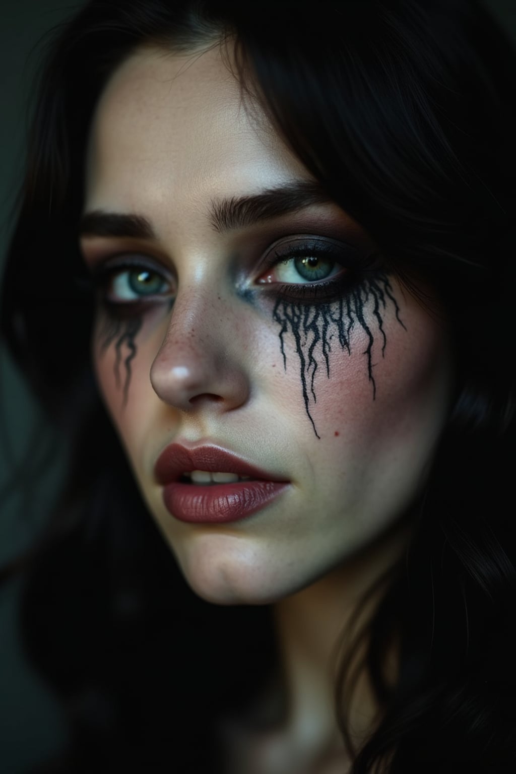Model with a face tattoo portrait. Subtle design under the eye, gothic aesthetic . Dark moody lighting.