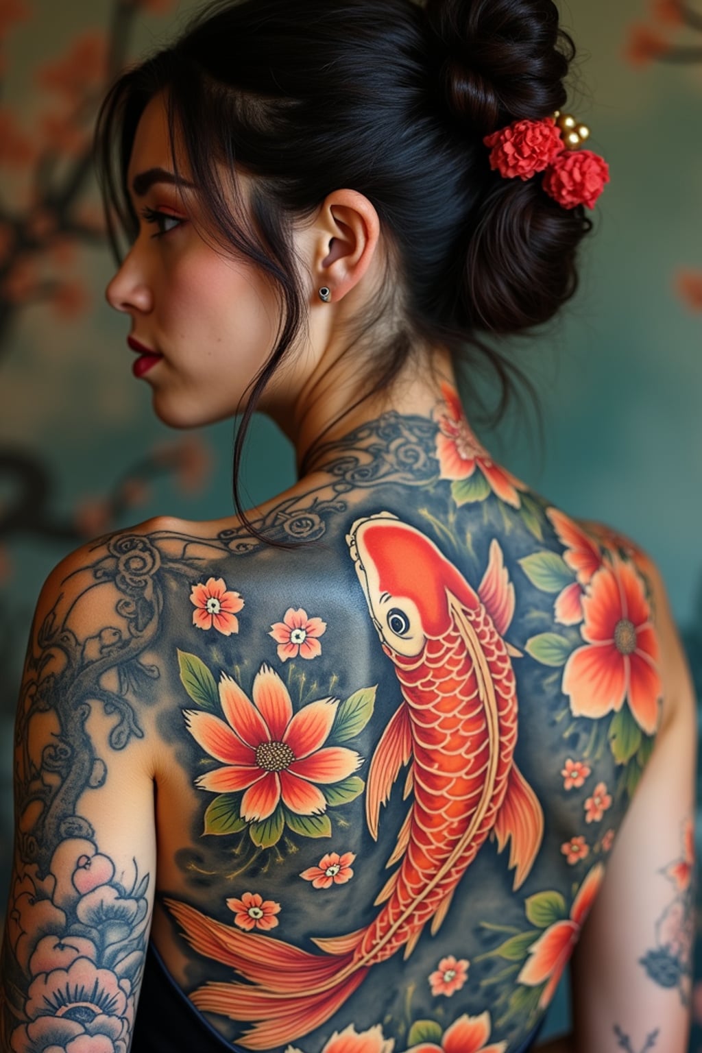 Model with a traditional Japanese tattoos covering the back and shoulders. Intricate koi fish and cherry blossom tattoo . Artistic realism.