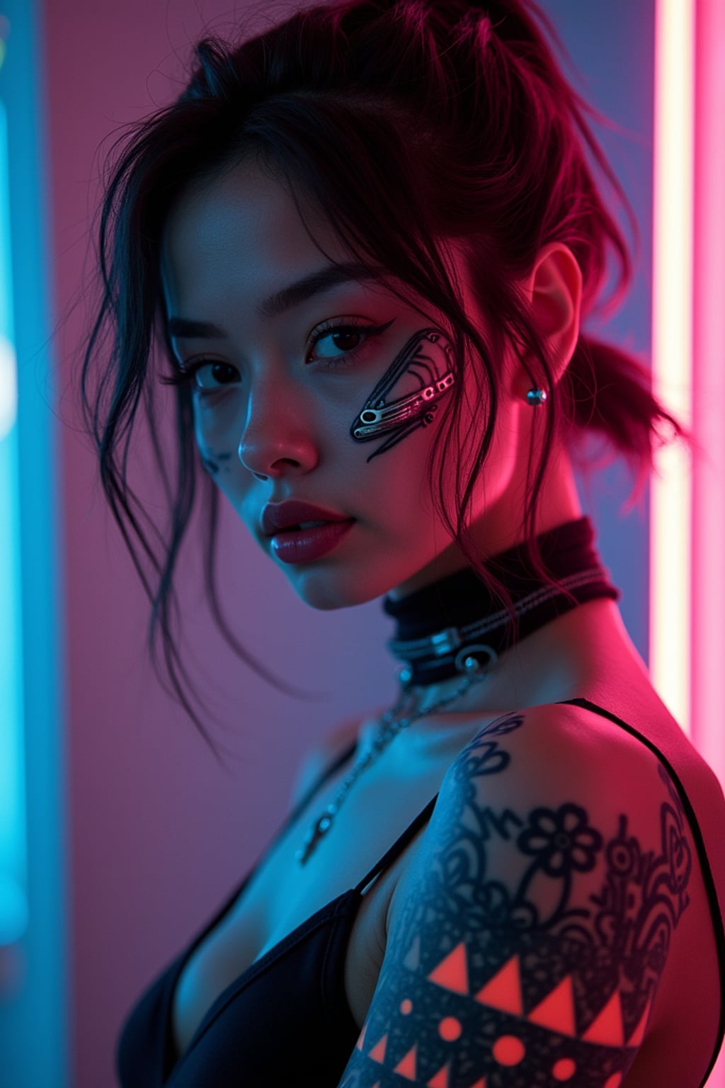 Model with a cyberpunk tattoo designs glowing under neon lights. Futuristic circuit-style tattoo . Tokyo night aesthetic.
