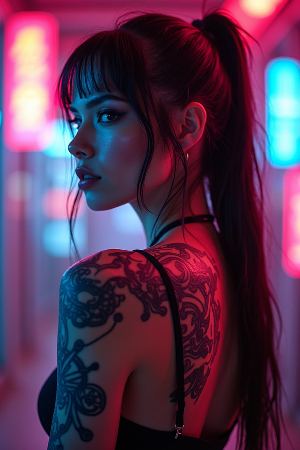 Model with a cyberpunk tattoo designs glowing under neon lights. Futuristic circuit-style tattoo . Tokyo night aesthetic.